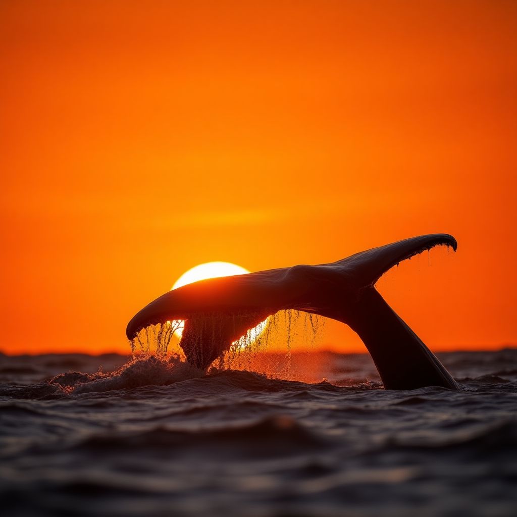 Whale tail fluke against sunset