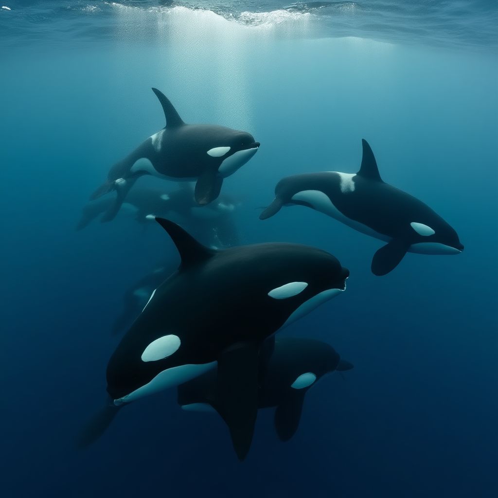 Pod of orcas hunting