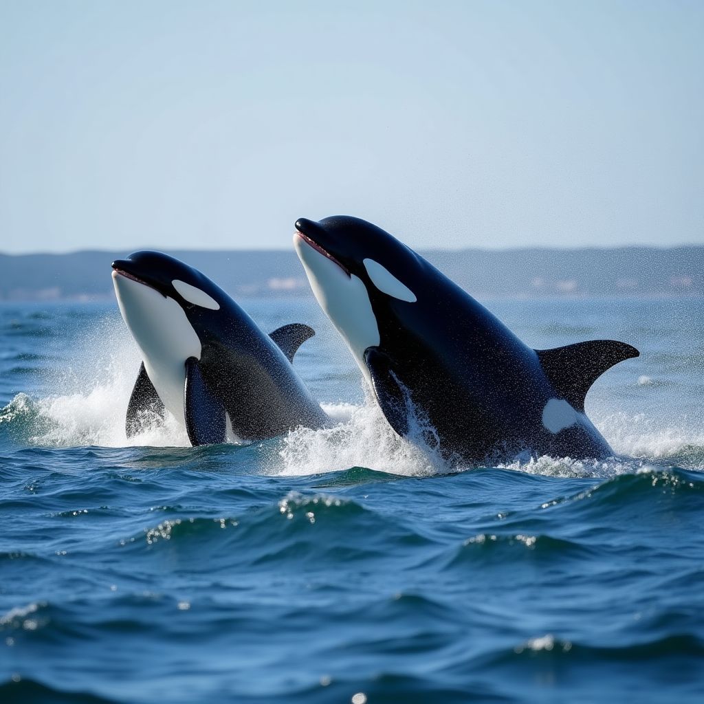 Orcas hunting in summer waters